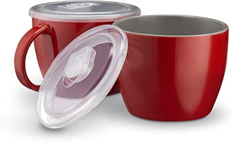 Керамични Суповые чаши KooK, с дръжка и Вентилирани пластмасов капак За микровълнова печка, Пътни, за кафе, зърнени храни, спагети и