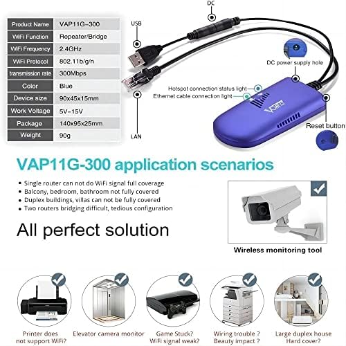 Адаптер VONETS WiFi към Ethernet VAP11G-300 2,4 G Мини WiFi Bridge/Ретранслатор/Усилвател на сигнала с 1 RJ-45, задвижван от dc/USB за видеорегистратора, IP камери, PS3