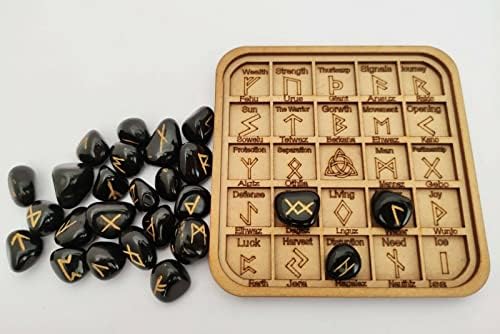 Комплекти Руни Nirdesh Sunstone Elder Futhrak Набор от Алфавитных Рунически Езически Писмо символи с Руническим символ на Дървена Маса,