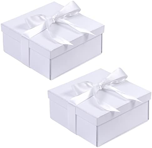 LeZakaa 2 бр. Бял Гланц Подарък кутия с Капак и сатенена панделка - 5x5x2,4 Инча(а) А) Сгъваема Подарък Кутия за Сватба, Подарък опаковки,