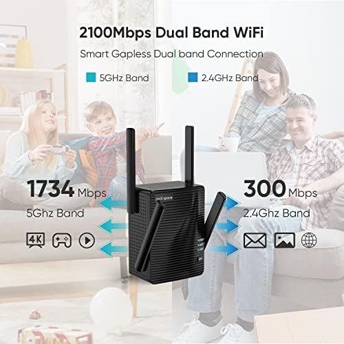 WiFi Extender - Усилвател Wi-Fi, 2100 Mbps, Удължител обхвата на Wi-Fi, Wi-Fi Ретранслатор, Безжичен удължител за дома, Gigabit ethernet порт, двойна лента 5G и 2,4 G, Покритие до 1292 кв. Фута, поддр?