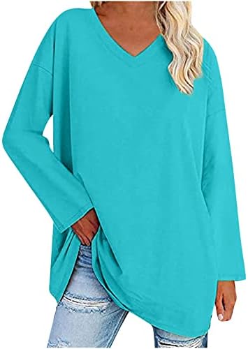 Дамски Блузи с дълъг ръкав, Ежедневни Леки Обикновена Тениска с V-образно деколте и Заниженными рамене, на База Пуловер, Блуза Свободно