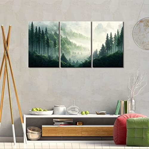 Стенно Изкуство Мъгляви Гори за Всекидневната, Боядисване с Зелен Планински Пейзаж, Платно, Стенно Изкуство за Офиса, Спални, в Рамка,