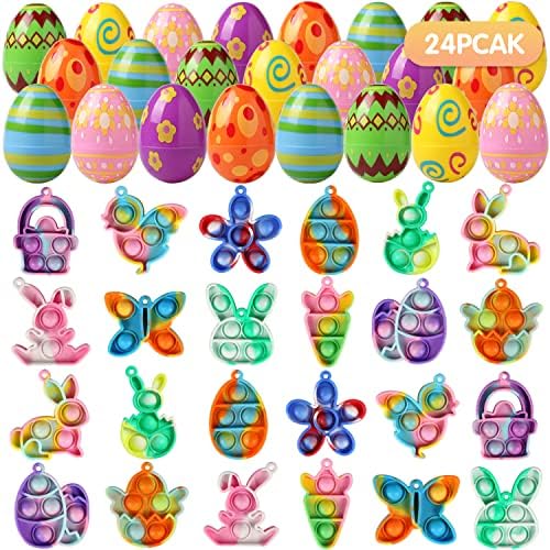 24 Опаковка Пълнители за Великденски Кошници, Подаръци за деца, Юноши и Деца, Пълнители за Великденски яйца с Цветна Мини-играчка Fidget