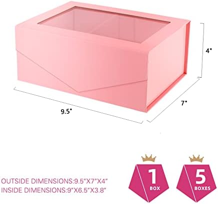 Подарък кутия PACKQUEEN с прозорец, 9x6,5x3,8 инча, Розово Подарък кутия за подарък Съдържа Лента, пощенска картичка, кутия за предложения