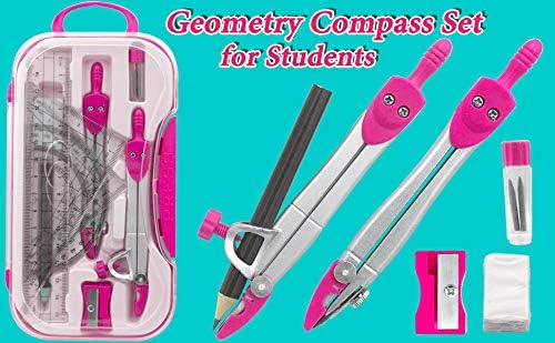 Комплект за геометрия Математически циркули за студенти с транспортиром за тб, в портативни случай за носене, розов