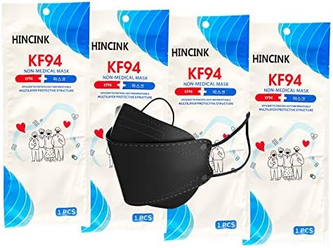 HINCINK (Опаковка от 20 черни маски за лице KF94 в индивидуална опаковка Унисекс, 4-слойна филтри за възрастни и по-големи, цветни