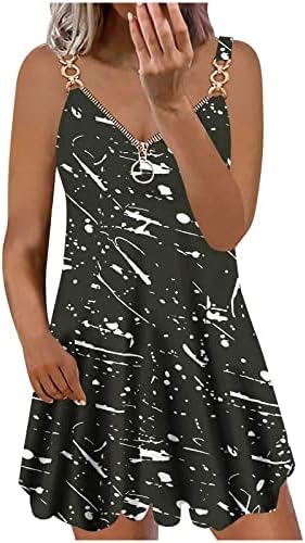 Lmdudan Midi-рокли за Жени 2023, Лятна Плажна Рокля Трапецовидна форма, с Модерен Принтом, Рокли-Ризи с цип, с V-образно деколте и рюшами