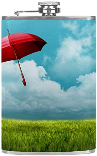 Фляжка за Алкохол от Неръждаема Стомана Запечатани с Фуния 7,7 унция в Кожа Джоба една Чудесна Идея за подарък Фляжка - Red Umbrella