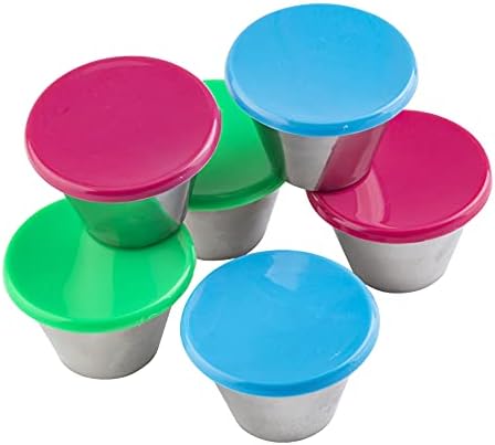 кръгли кутии от неръждаема стомана с обем 3 грама, опаковка от 6 броя с капаци в различни цветове