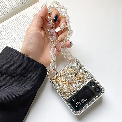 Omio за Samsung Galaxy Z Флип 4 5G Калъф с каишка-Веригата, 3D Ръчно изработени, Искрящи Зашеметяващ Камъни, Кристал, един Диамант Блясък,
