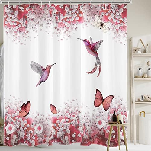 Завеса за душ с цветен модел на Птици, Бели Цветя, с ярко розова Папийонка и Колибри, Определени Завеса за душ, Эстетичные Завеси за душ под формата на Растения за Ба?