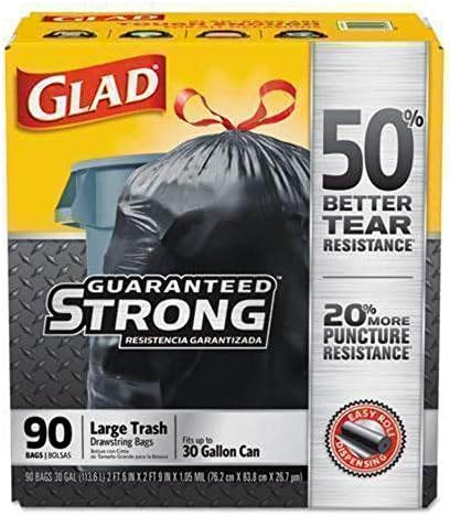Големи торби за боклук GLAD Drawstring, 30 X 33, 30gal, 1,05 мил, Черен, 90 бр./кашон